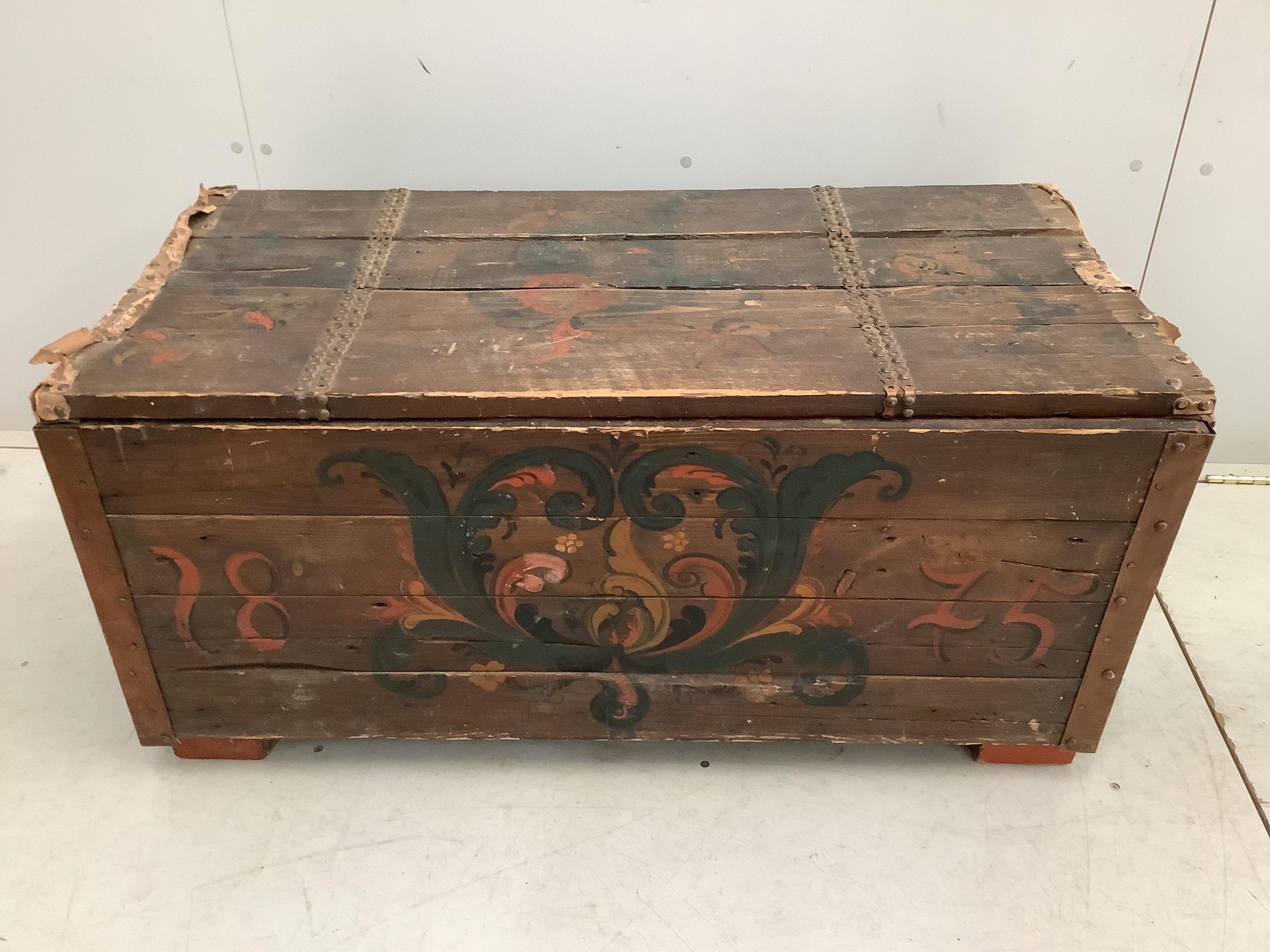 A Dutch painted wood trunk, width 100cm, depth 49cm, height 50cm